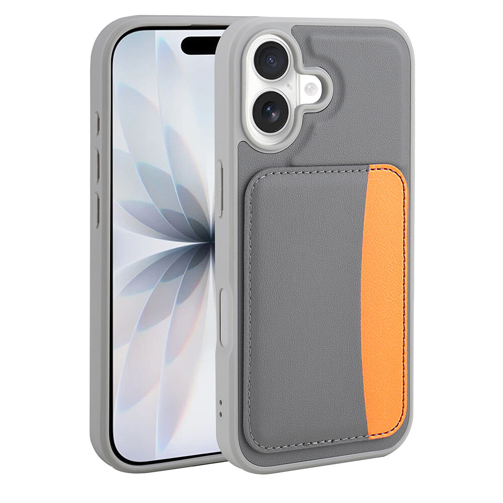iPhone 16 Uyumlu Kartlıklı Süni Deri X-Kart Cüzdan Silikon Kapak Koyu Gri