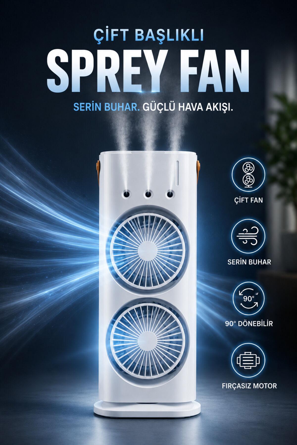 Sulu Buharlı Çift Başlıklı Klima Fanı Taşınabilir USB Şarjlı 3 Kademeli LED Işıklı, Masaüstü Fan, Taşınabilir Fan