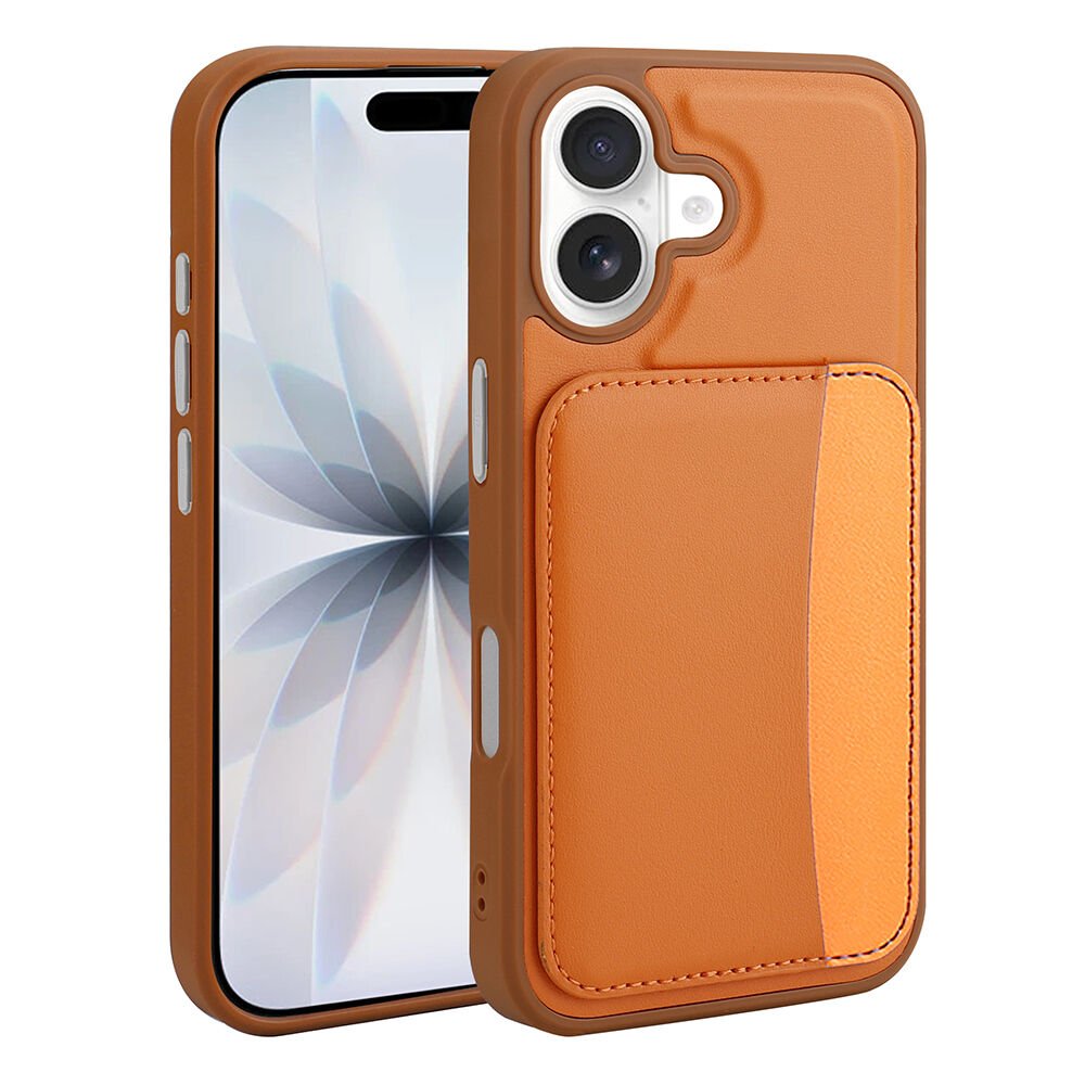 iPhone 16 Uyumlu Kartlıklı Süni Deri X-Kart Cüzdan Silikon Kapak Turuncu