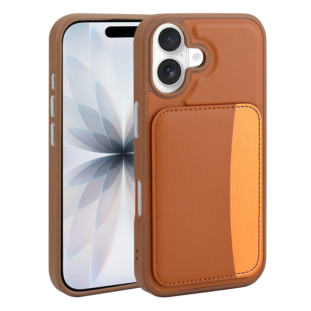 iPhone 16 Uyumlu Kartlıklı Süni Deri X-Kart Cüzdan Silikon Kapak Kahverengi