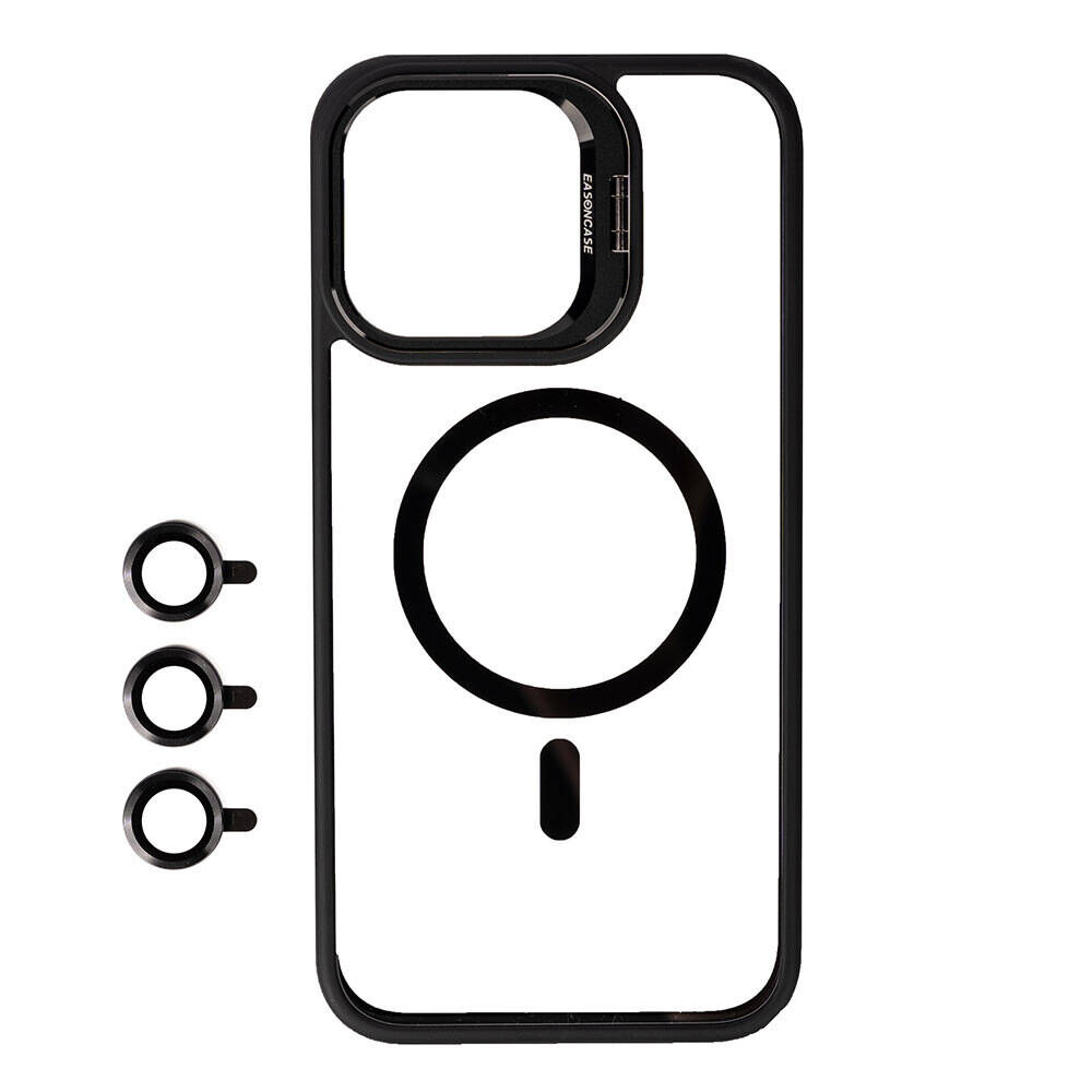 iPhone 15 Pro Max Kılıf Magsafe Wireless Şarj Özellikli Standlı Magsafe Klon Lensli Kapak Kılıf Siyah
