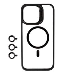 iPhone 15 Pro Max Kılıf Magsafe Wireless Şarj Özellikli Standlı Magsafe Klon Lensli Kapak Kılıf Siyah