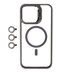 iPhone 15 Pro Max Kılıf Magsafe Wireless Şarj Özellikli Standlı Magsafe Klon Lensli Kapak Kılıf Gri