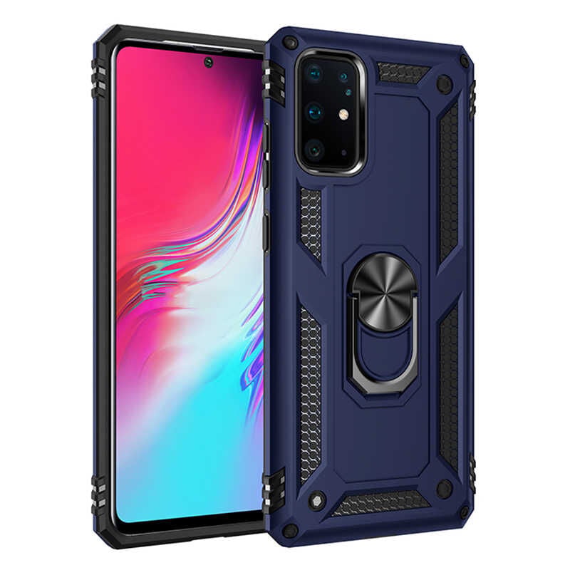 Samsung Galaxy S20 Plus Kılıf Vega Tank Sert Yüzüklü Standlı Zırh Koruma Kapak Mavi
