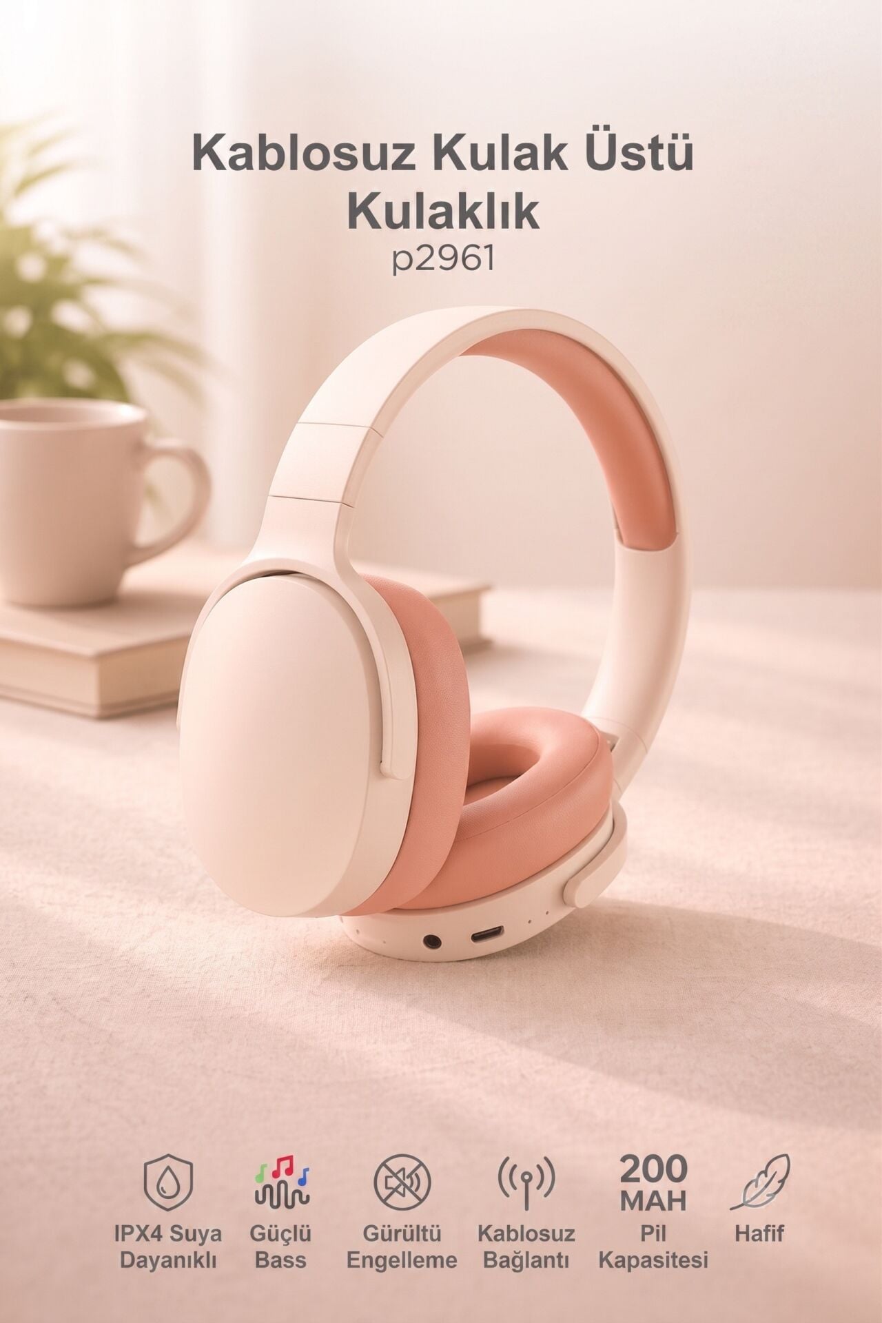 Bluetooth Kulaklık Kulak Üstü Kablosuz Kulaklık P2961 Pembe