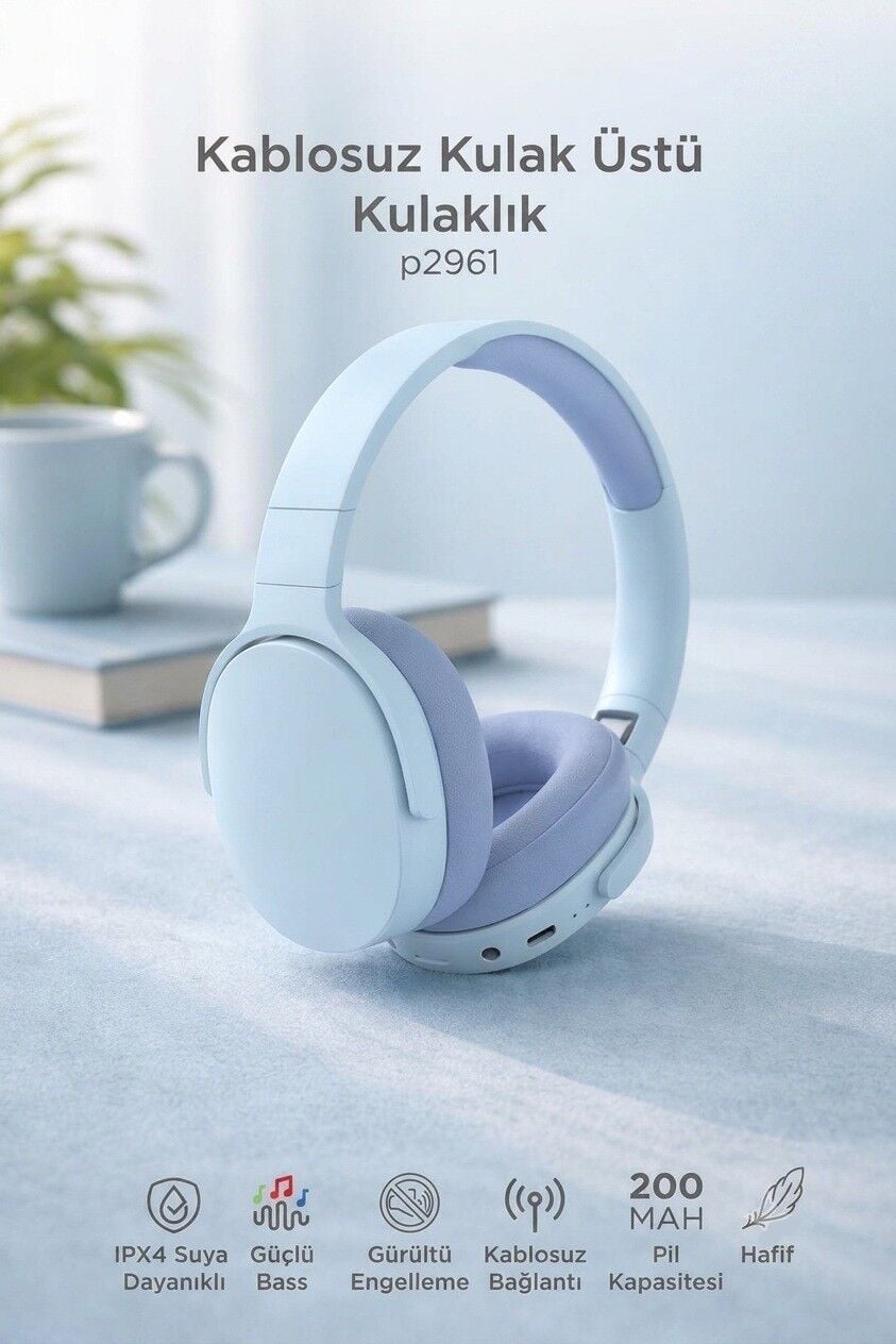 Bluetooth Kulaklık Kulak Üstü Kablosuz Kulaklık P2961 Mavi