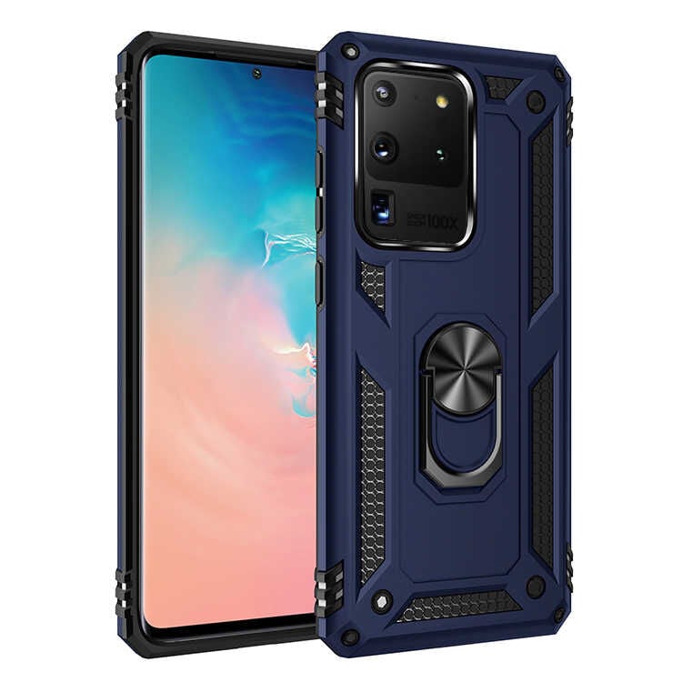 Samsung Galaxy S20 Ultra Kılıf Vega Tank Sert Yüzüklü Standlı Zırh Koruma Kapak Mavi