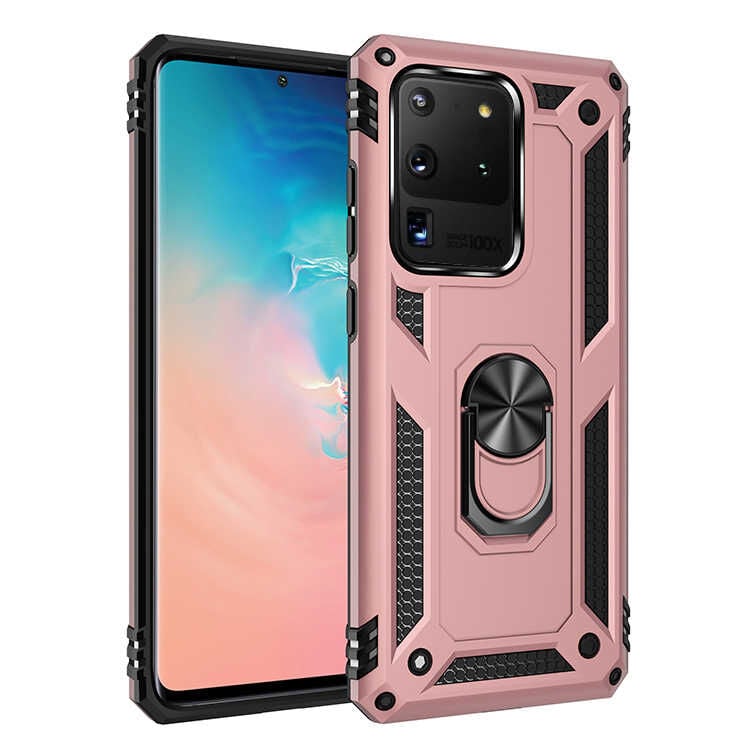 Samsung Galaxy S20 Ultra Kılıf Vega Tank Sert Yüzüklü Standlı Zırh Koruma Kapak Rose Gold