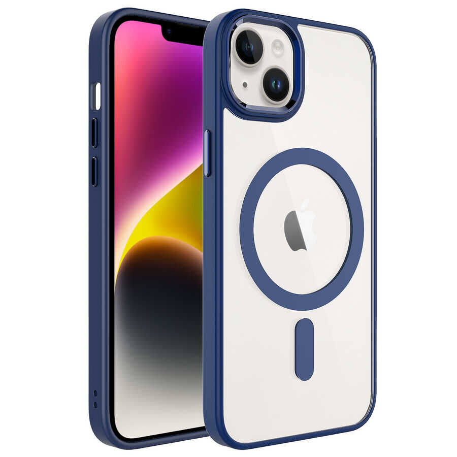 iPhone 14 Plus Kılıf Wireless Şarj Özellikli Krom Magsafe Silikon Kapak Lacivert