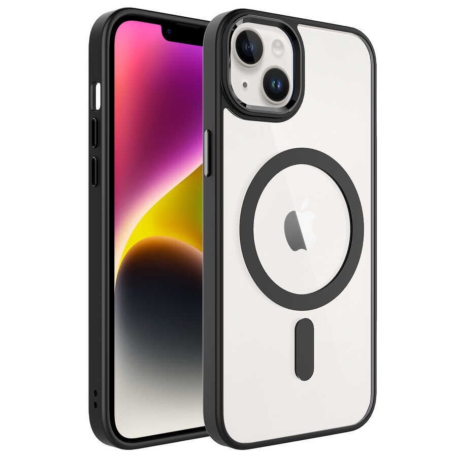 iPhone 14 Plus Kılıf Wireless Şarj Özellikli Krom Magsafe Silikon Kapak Siyah