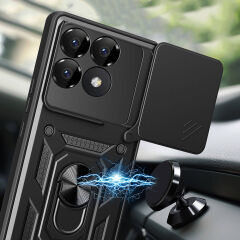 Xiaomi Poco F6 Pro Kılıf Magnetik Standlı Kamera Korumalı Sürgülü Vega Kapak Siyah