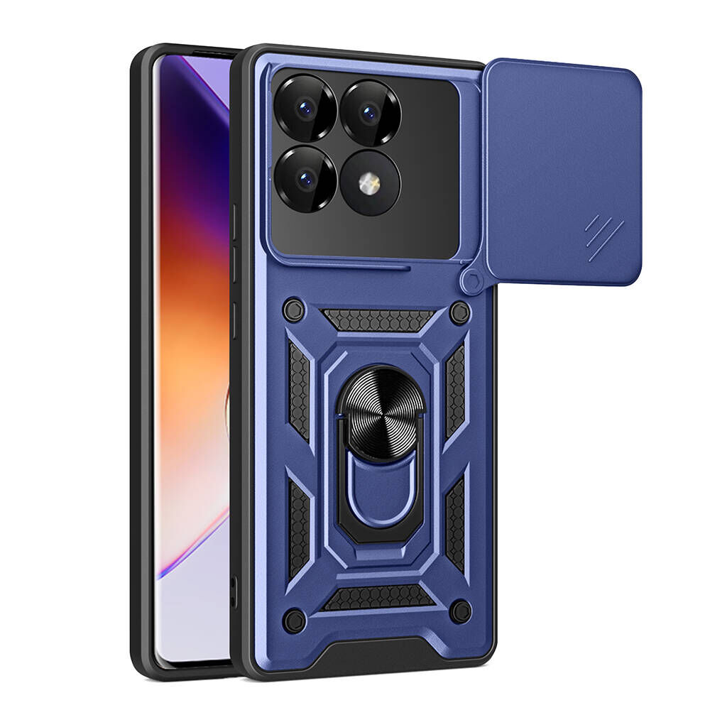 Xiaomi Poco F6 Pro Kılıf Magnetik Standlı Kamera Korumalı Sürgülü Vega Kapak Mavi