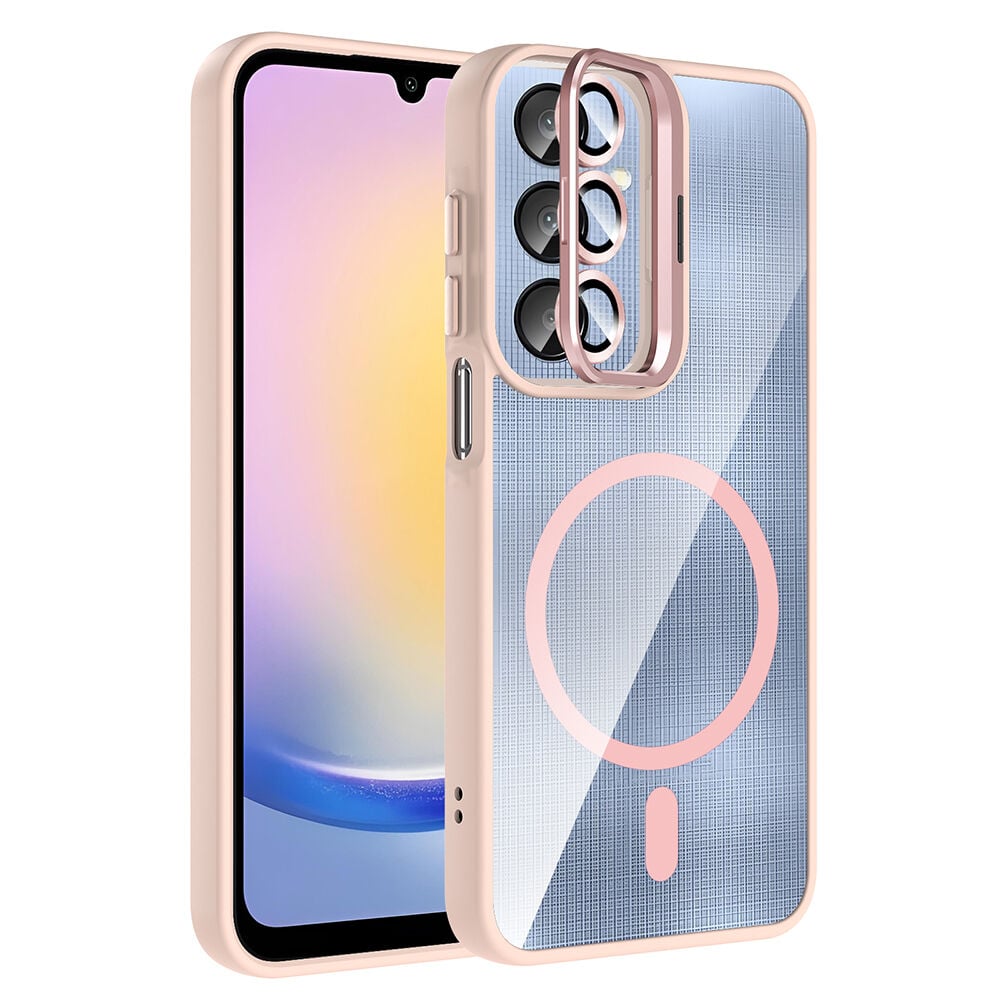 Samsung Galaxy A36 Kılıf Standlı ve Kamera Lens Hediyeli Kablosuz Şarj Özellikli Etro Kapak Pembe