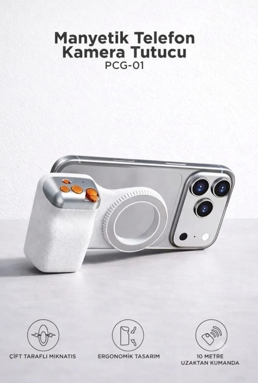 Telefon Tutucu Mıknatıslı Magsafe Uyumlu Bluetooth Deklanşör Kumandalı Tutucu PCG01 Beyaz