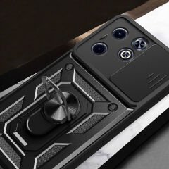 İnfinix Smart 8 Kılıf Magnetik Standlı Kamera Korumalı Sürgülü Vega Kapak Siyah