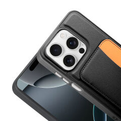 iPhone 15 Uyumlu Kartlıklı Süni Deri X-Kart Cüzdan Silikon Kapak Turuncu
