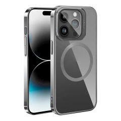 iPhone 15 Pro Max Kılıf Magsafe Wireless Şarj Özellikli Standlı Klon Kapak Kılıf Gümüş