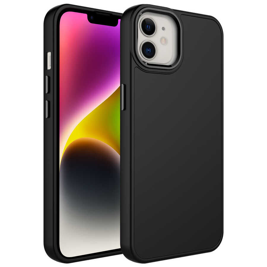 iPhone 12 Kılıf Metal Çerçeve ve Buton Tasarımlı Silikon Luna Kapak Siyah