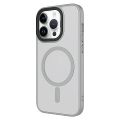 iPhone 14 Pro Kılıf Mat Arka Yüzey Wireless Şarj Özellikli Flet Magsafe Kapak Gri