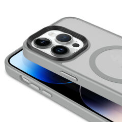 iPhone 14 Pro Kılıf Mat Arka Yüzey Wireless Şarj Özellikli Flet Magsafe Kapak Gri