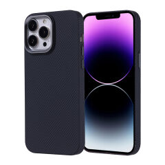 iPhone 14 Pro Max Kılıf Kablosuz Şarj Özellikli Karbon Fiber Görünümlü Nekst Kapak Gri-Siyah
