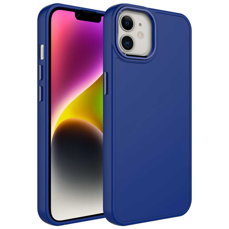 iPhone 12 Kılıf Metal Çerçeve ve Buton Tasarımlı Silikon Luna Kapak Lacivert