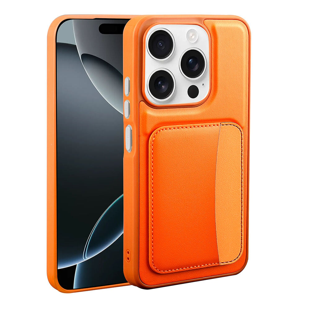 iPhone 15 Uyumlu Kartlıklı Süni Deri X-Kart Cüzdan Silikon Kapak Turuncu