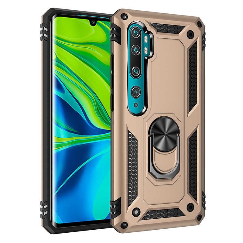Xiaomi Mi Note 10 Kılıf Vega Tank Sert Yüzüklü Standlı Zırh Koruma Kapak Gold