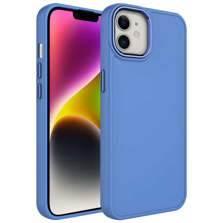 iPhone 12 Kılıf Metal Çerçeve ve Buton Tasarımlı Silikon Luna Kapak Lavendery Gray