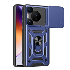 Huawei Pura 70 Pro 5G Kılıf Magnetik Standlı Kamera Korumalı Sürgülü Vega Kapak Mavi