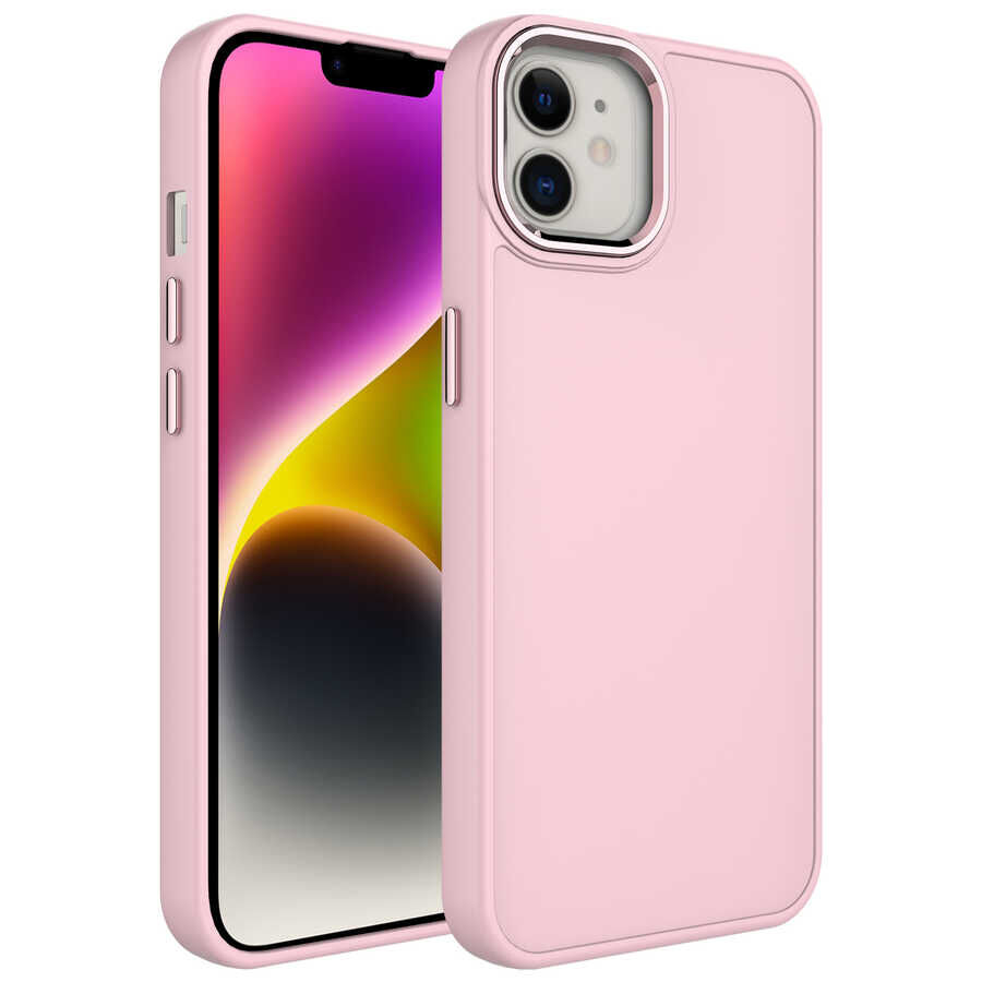iPhone 12 Kılıf Metal Çerçeve ve Buton Tasarımlı Silikon Luna Kapak Pembe