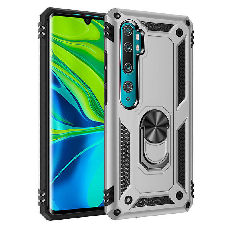 Xiaomi Mi Note 10 Kılıf Vega Tank Sert Yüzüklü Standlı Zırh Koruma Kapak Gri