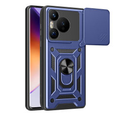 Huawei Pura 70 5G Kılıf Magnetik Standlı Kamera Korumalı Sürgülü Vega Kapak Mavi