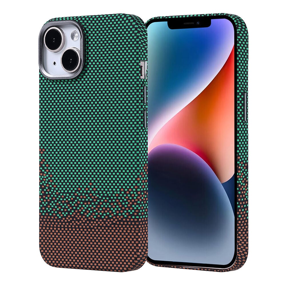 iPhone 14 Kılıf Kablosuz Şarj Özellikli Karbon Fiber Görünümlü Nekst Kapak Yeşil