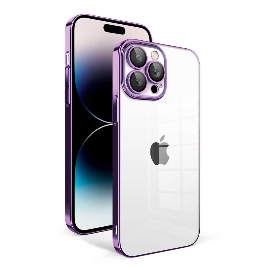 iPhone 14 Pro Kılıf Kamera Korumalı Renkli Çerçeveli Garaj Kapak Koyu Mor