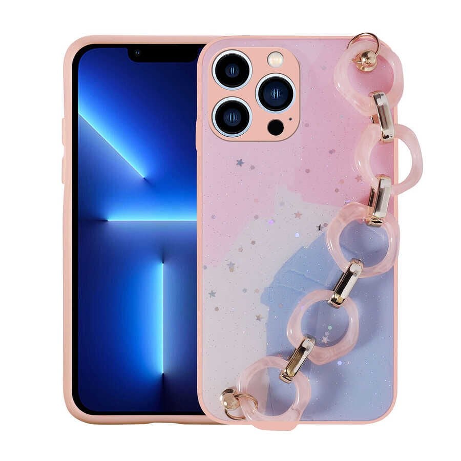 iPhone 13 Pro Kılıf Simli Desenli El Askılı Tutacaklı Elsa Silikon Kapak