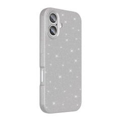 iPhone 16 Plus Kılıf Kamera Korumalı Simli Lüks Koton Kapak Gümüş