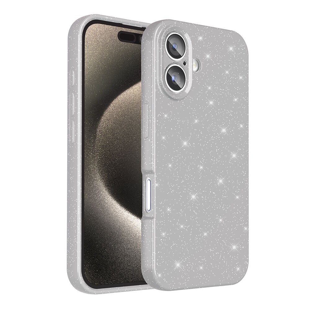 iPhone 16 Plus Kılıf Kamera Korumalı Simli Lüks Koton Kapak Gümüş