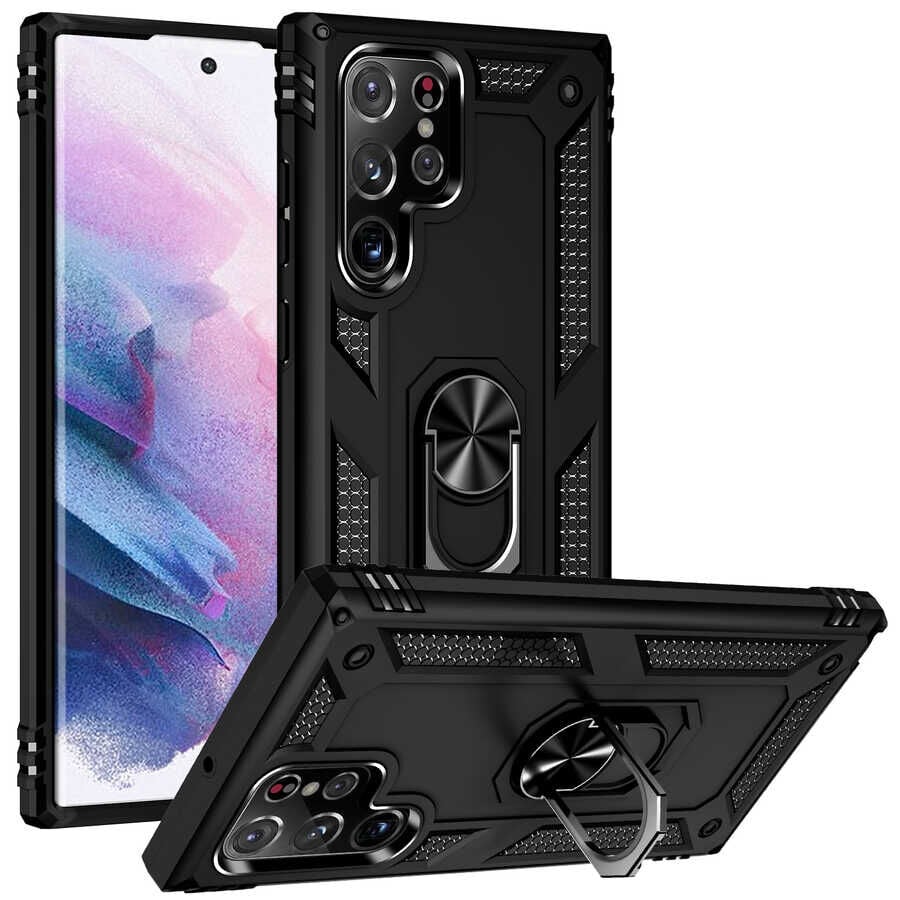 Samsung Galaxy S22 Ultra Kılıf Vega Tank Sert Yüzüklü Standlı Zırh Koruma Kapak Siyah