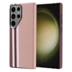 Samsung Galaxy S25 Ultra Kılıf Kablosuz Şarj Özellikli Karbon Fiber Görünümlü Nekst Kapak Gold