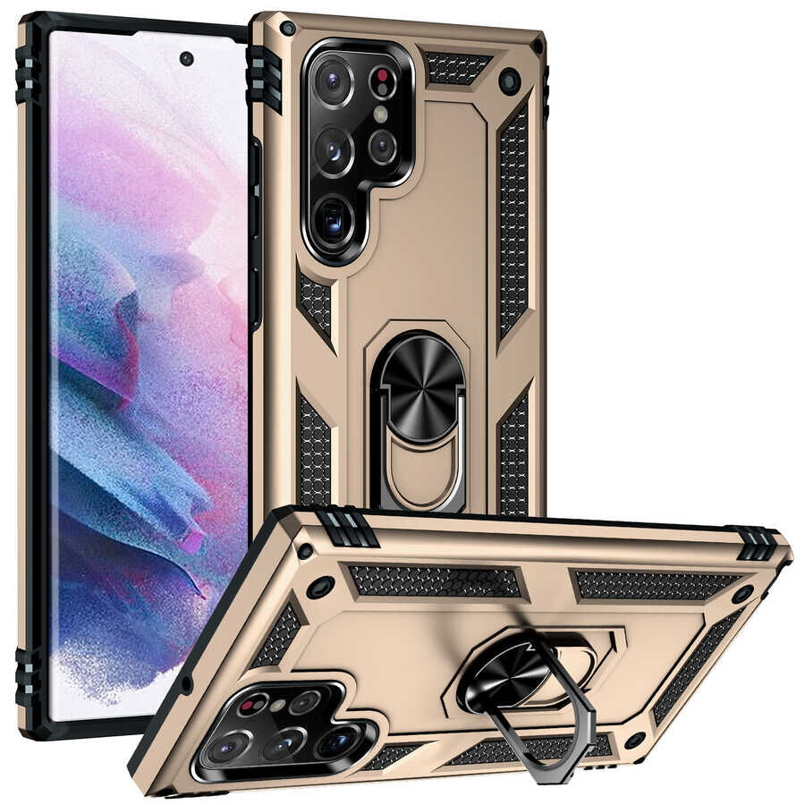 Samsung Galaxy S22 Ultra Kılıf Vega Tank Sert Yüzüklü Standlı Zırh Koruma Kapak Gold