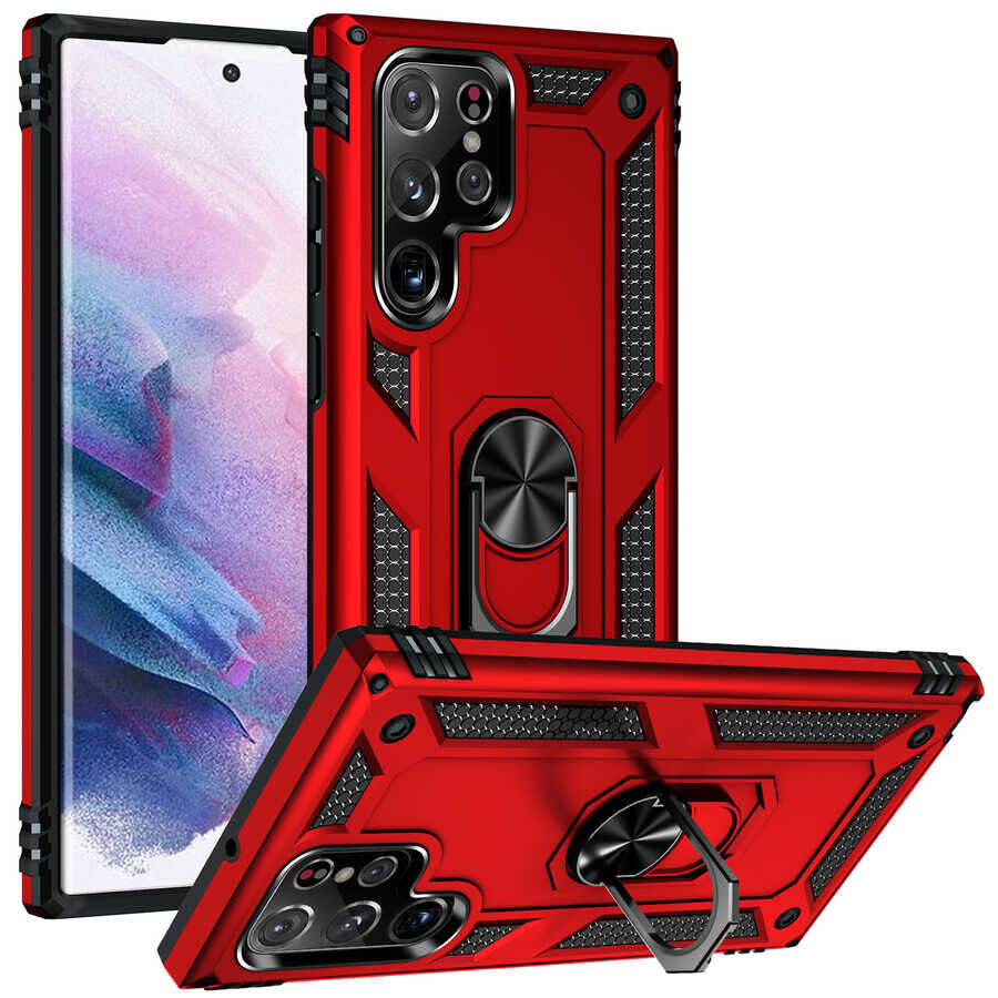 Samsung Galaxy S22 Ultra Kılıf Vega Tank Sert Yüzüklü Standlı Zırh Koruma Kapak Kırmızı