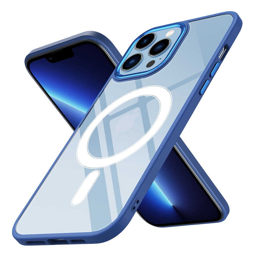 iPhone 13 Pro Kılıf Wireless Şarj Özellikli  Krom Magsafe Silikon Kapak Lacivert