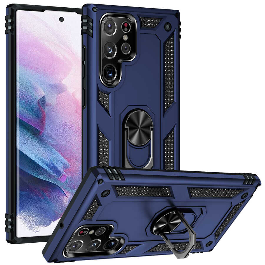 Samsung Galaxy S22 Ultra Kılıf Vega Tank Sert Yüzüklü Standlı Zırh Koruma Kapak Mavi