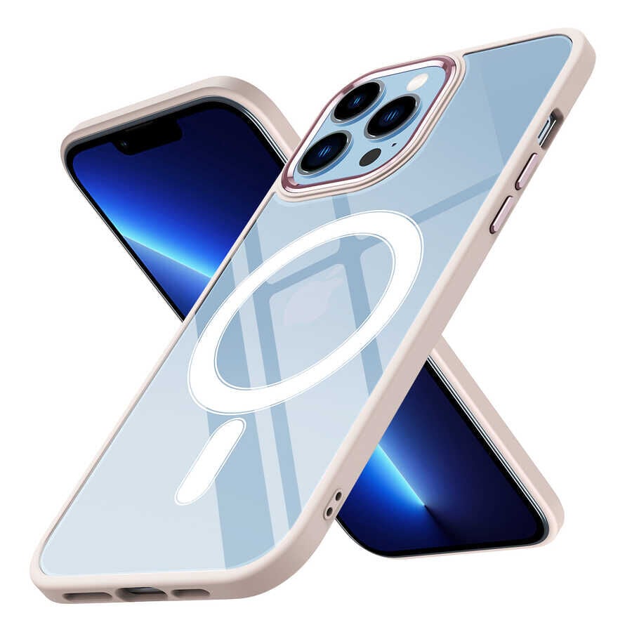 iPhone 13 Pro Kılıf Wireless Şarj Özellikli  Krom Magsafe Silikon Kapak Pembe Açık