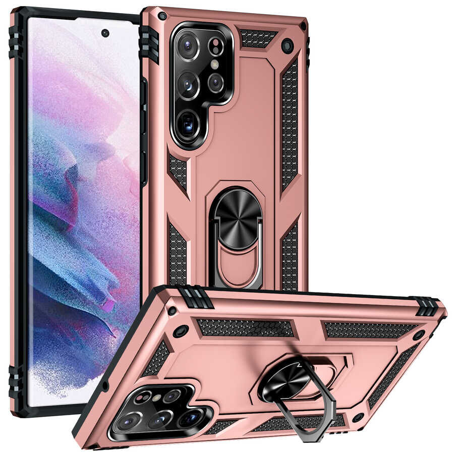 Samsung Galaxy S22 Ultra Kılıf Vega Tank Sert Yüzüklü Standlı Zırh Koruma Kapak Rose Gold