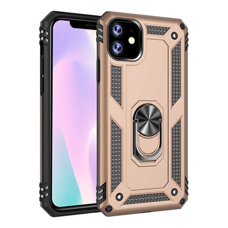 iPhone 11 Kılıf Vega Tank Sert Yüzüklü Standlı Zırh Koruma Kapak Gold