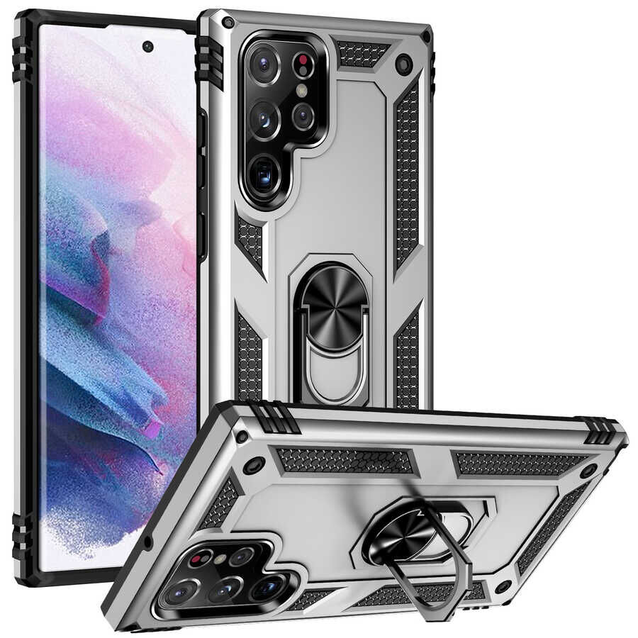 Samsung Galaxy S22 Ultra Kılıf Vega Tank Sert Yüzüklü Standlı Zırh Koruma Kapak Gri