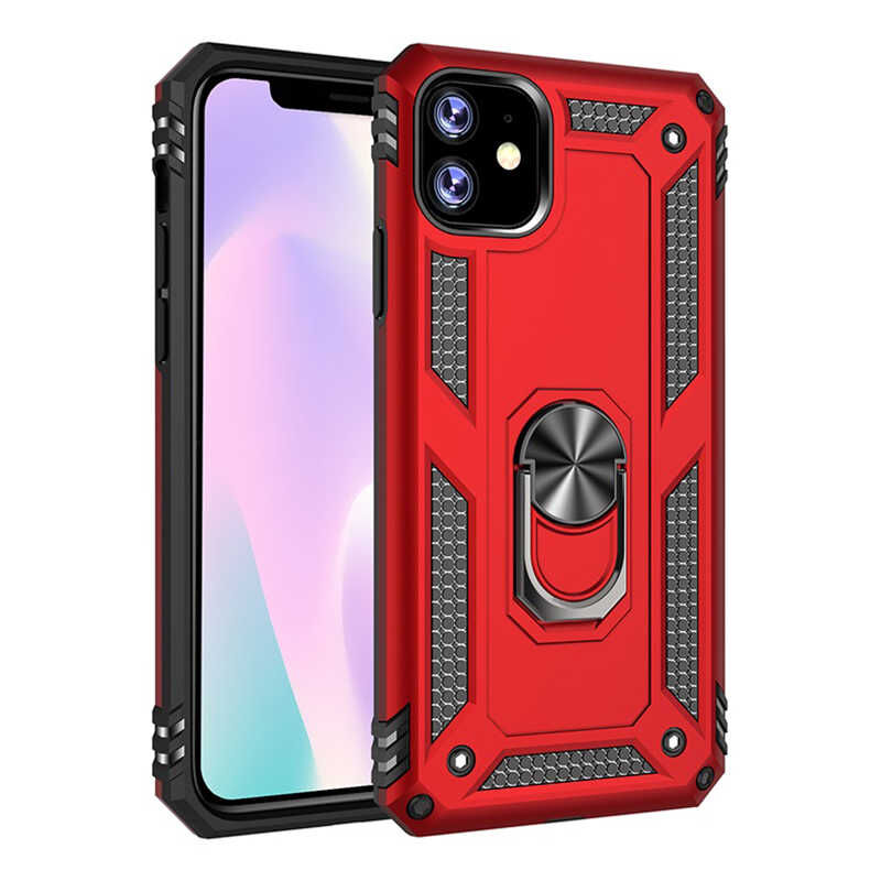 iPhone 11 Kılıf Vega Tank Sert Yüzüklü Standlı Zırh Koruma Kapak Kırmızı