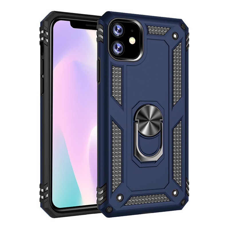 iPhone 11 Kılıf Vega Tank Sert Yüzüklü Standlı Zırh Koruma Kapak Mavi